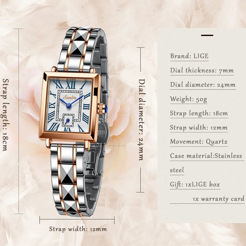 LIGE Roman Ladies Watch Fashion Square Women Watches Top Brand Luxury Quartz Stainless Steel Waterproof Wrist Watch Montre Femme