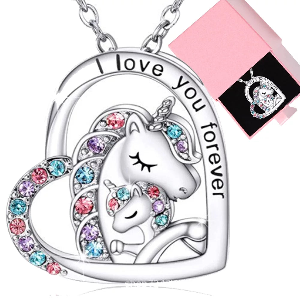 Unicorn Necklace for Girls Crystal Heart Necklaces Jewelry Birthday Christmas-I Love You Forever