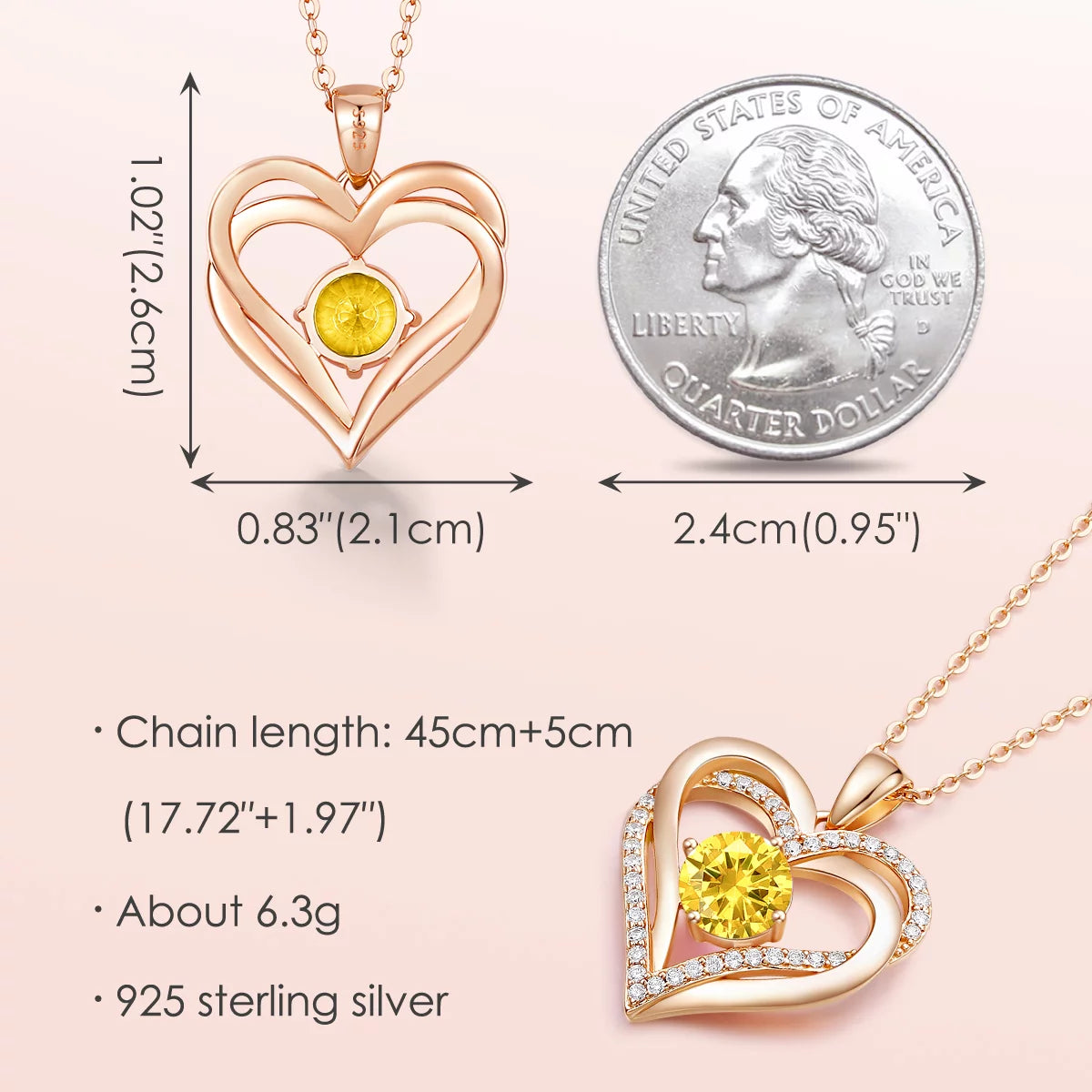 Love Heart Pendant Necklaces for Women 925 Sterling Silver with Birthstone Zirconia Rose Gold Diamond Anniversary Jewelry Best Gift Ideas for Women Fine Packing Gift Box