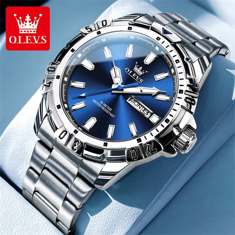 OLEVS Diving Series Quartz Wrist Watch for Men Stainless Steeel Waterproof Luminous Auto Date/Week Luxury Men'S Watch Relogios