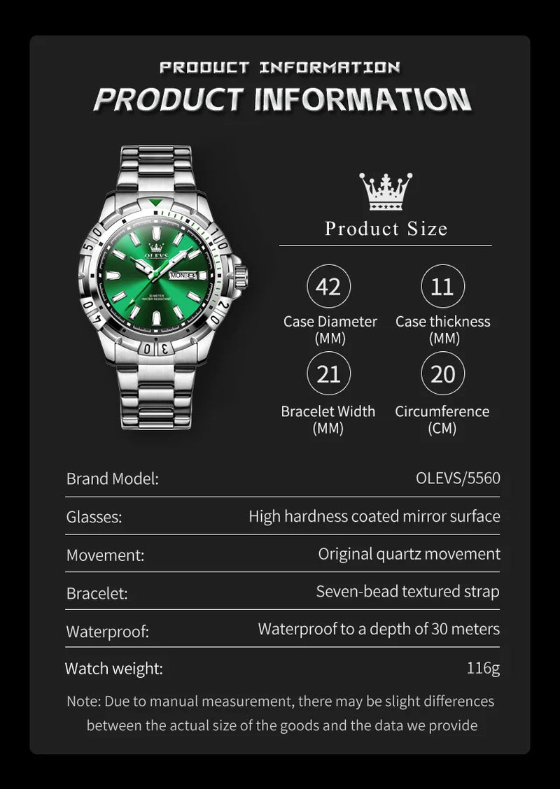 OLEVS Diving Series Quartz Wrist Watch for Men Stainless Steeel Waterproof Luminous Auto Date/Week Luxury Men'S Watch Relogios