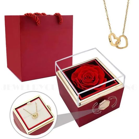 Custom Double Heart Engraved Name Steel Necklace Eternal Rose Box for Women Valentines Birthday Jewelry Real Rose